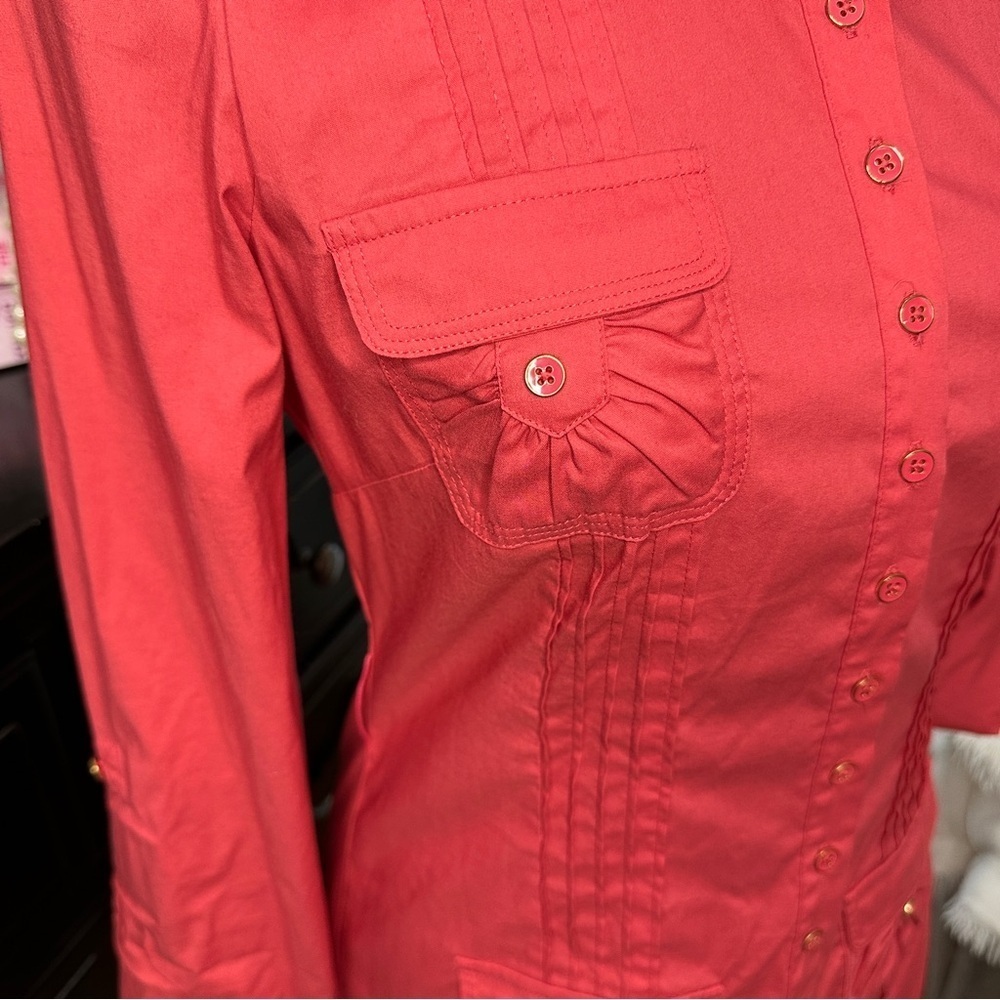 Bebe Utility Tunic Shirt Belle Pink Button-Front Stretch Poplin Blouse Size S - Picture 6 of 14